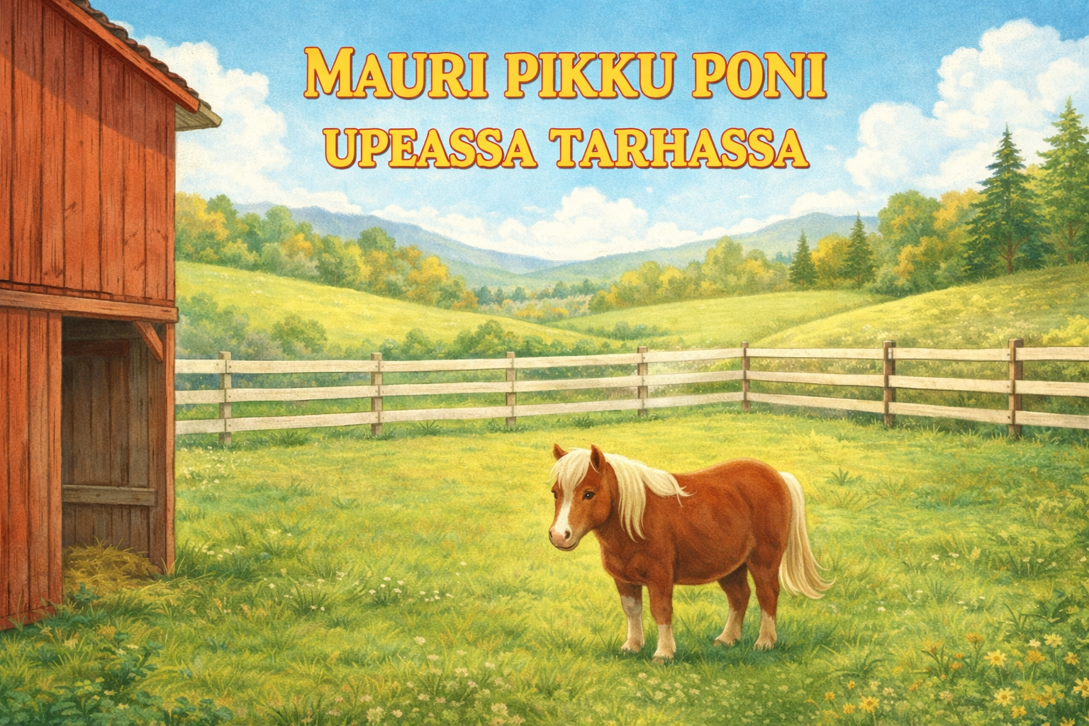 Poni seisoo mäkisellä aitauksella auringonlaskun aikaan, punainen kuivuri taustalla